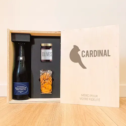 Coffret champagne et gastronomie personnalisé bois