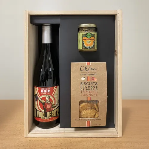 Coffret vin et apéritif personnalisé en bois
