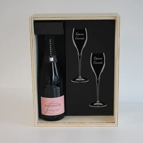 Coffret champagne bois une bouteille avec flutes