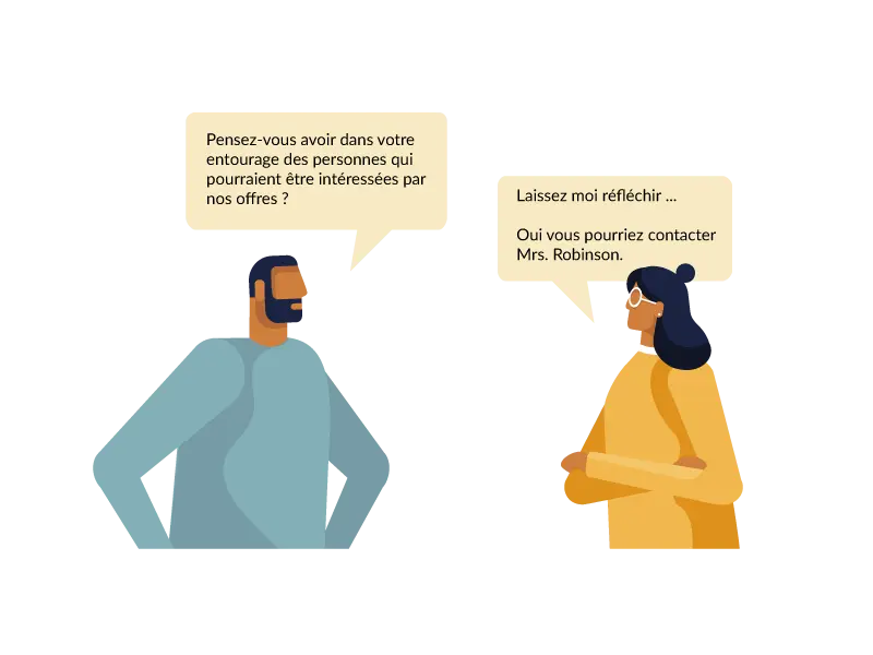 Discussion entre 2 personnes pour demander une recommandation commerciale